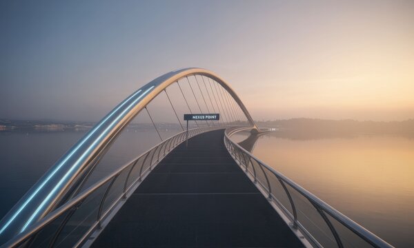 Modern arch bridge over tranquil lake at sunrise