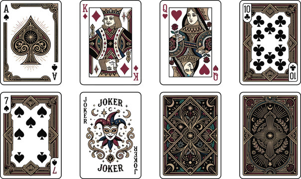Vintage Ornate Playing Cards Vector Set Featuring Ace of Spades King Queen Jester Joker Number Cards and Deck Backs