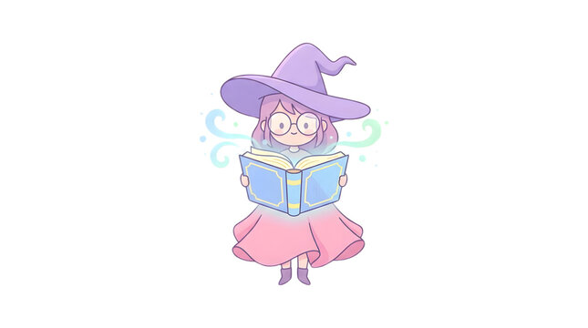 Cute witch girl reading magic book, isolated on transparent background, cartoon style