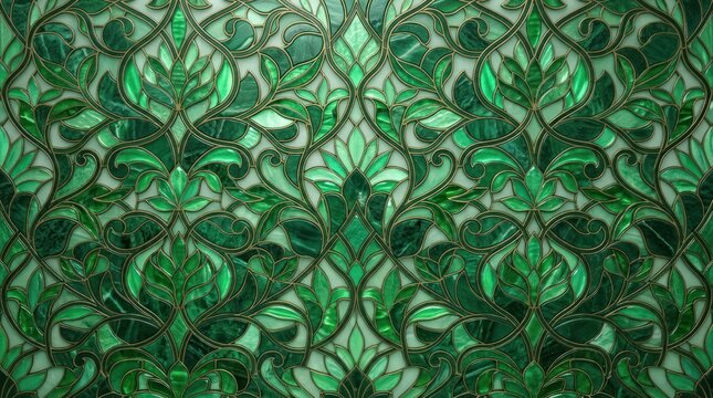 Intricate green vine pattern with elegant leaf filigree background texture