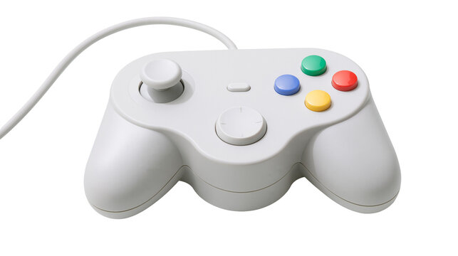 Gray video game controller with colorful buttons and joystick
