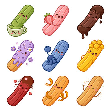 Cute churro character collection with various sweet flavors