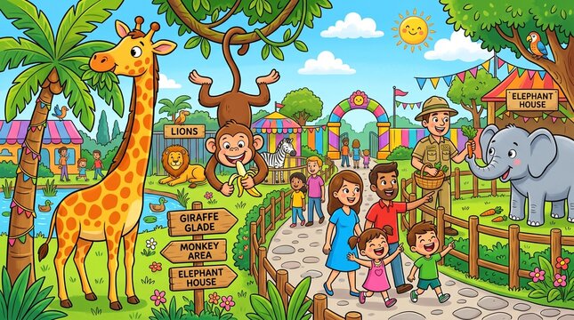 Colorful Zoo Adventure Illustration With Children Exploring Giraffe Animals Family Educational Wildlife Park Scene Poster, 8K Image 