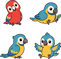 Fototapeta premium Four colorful parrot illustrations showcase vibrant plumage and cartoon style designs on a white background