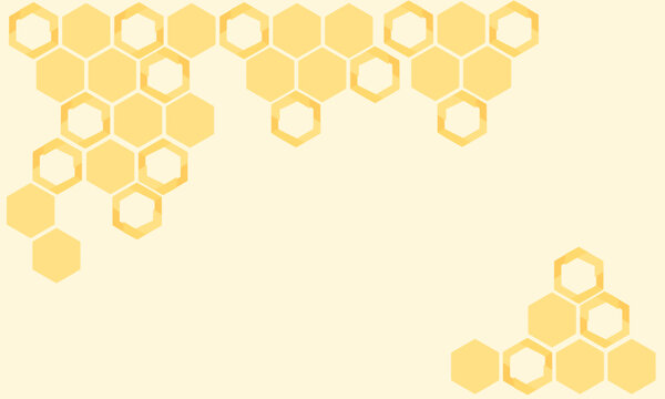 Minimal honeycomb border background featuring golden hexagon cells arranged around the corners with soft cream copy space in flat vector style for honey packaging, labels, branding, banners, and natur