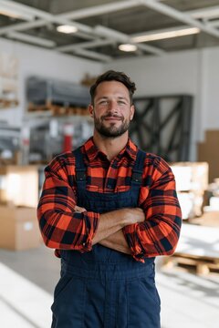 Smiling male warehouse worker in red plaid shirt and blue overalls with crossed arms for industrial banner and staff profile background