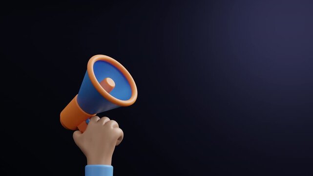 Professional loop animation of 3d hand holding megaphone with copy space, megaphone for communication and marketing concept. Megaphone icon video animation. Business promotion. 4k, 3d animation
