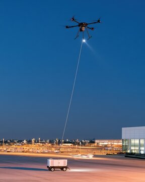 Tethered surveillance drone hovering at night, advanced technology concept