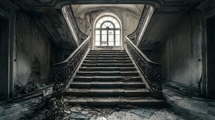 Fototapeta premium Abandoned grand staircase in ruined mansion