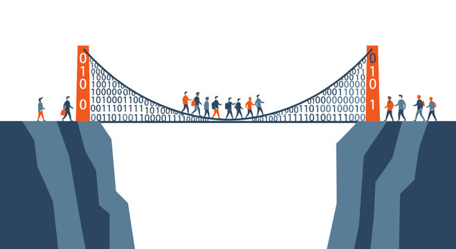 Conceptual illustration of people crossing a suspension bridge made of binary code numbers over a mountain chasm, symbolizing digital transformation and data connectivity.