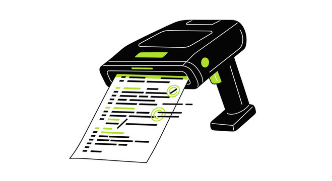 Handheld Document Scanner and Receipt Reader Illustration, Flat Vector Art for Logistics, Fintech, Inventory Management, and Data Capture Concepts