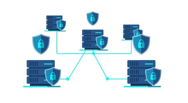 Cybersecurity Network Infrastructure Illustration with Secure Server Racks and Protected Data Storage