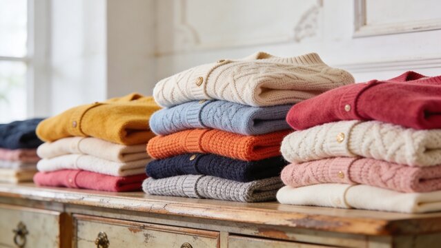 Cozy stack of folded knitted sweaters arranged on rustic wooden furniture creating warm seasonal fashion concept soft wool texture cable knit patterns layered garments cream beige pink red blue orange