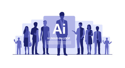 Fototapeta premium AI Human-in-the-Loop Concept Illustration with Silhouettes of Diverse People and Artificial Intelligence Overlay for Machine Learning and Workflow Automation