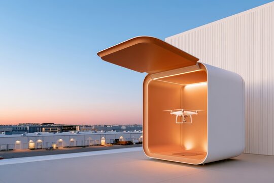 Automated drone in futuristic docking station on rooftop overlooking industrial park at sunset
