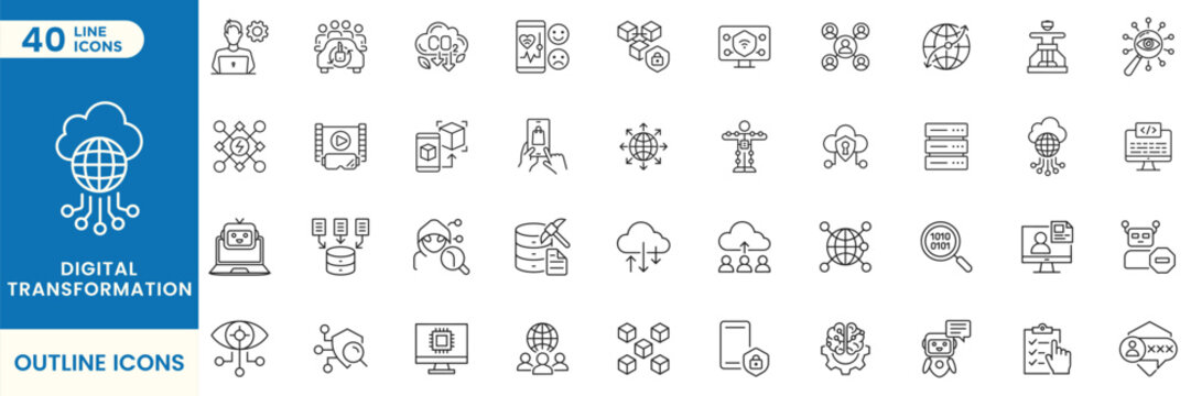 Digital Transformation Technology Outline Icons Set. Contain cloud, AI, cybersecurity, data, automation, blockchain, analytics and business technology symbols. Fully Editable. Vector illustration.