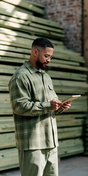 Bearded man using a tablet near green painted lumber background for contractor communication and construction app banner or workshop background