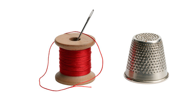 Wooden spool of red thread with needle and metal thimble