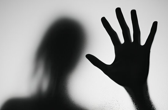 Blurred silhouette of a hand pressed against frosted glass, obscuring a figure