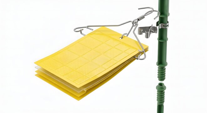 ​Detailed 3D Render of a Yellow Sticky Insect Trap with Mounting Clip for Agricultural Pest Control