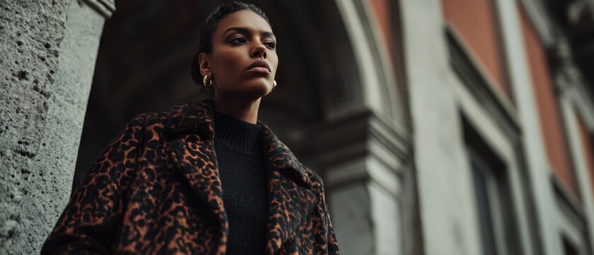 elegant woman in leopard print coat standing outdoors low angle fashion banner
