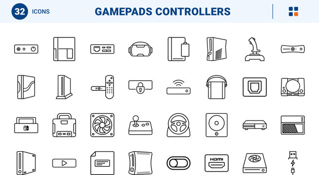 Gaming console front featuring gamepads controllers line icon set. Vector pictograms of game, video, gamepad, and controller elements, thin linear illustration.