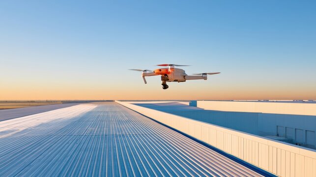 Precise drone technology flying for roof inspection over industrial building at sunrise