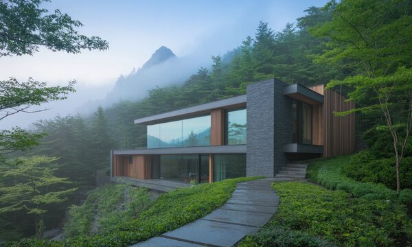 Modern house nestled in misty mountainside forest
