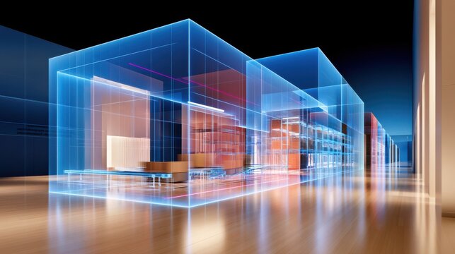 Digital twin technology with wireframe visualisation of modern warehouse interior
