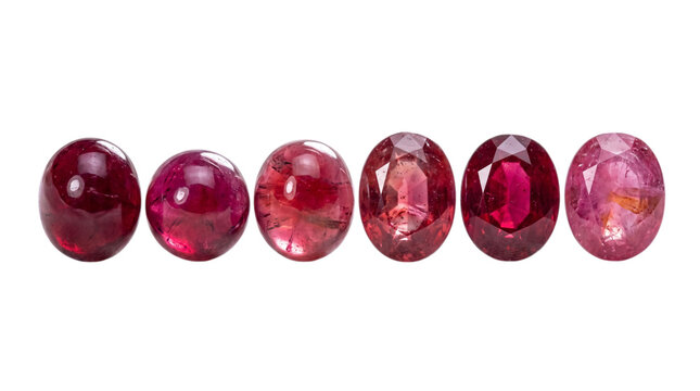 Collection of beautiful red ruby gemstones arranged in a row isolated on transparent background