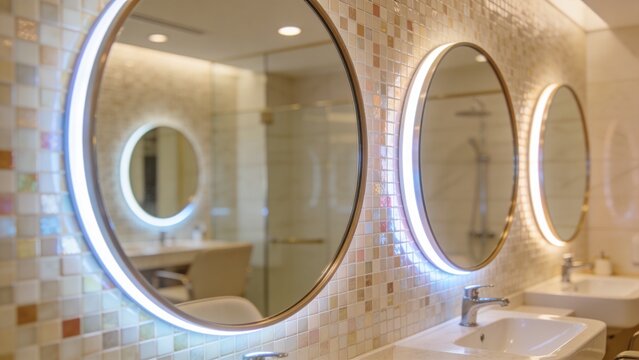 Contemporary beauty salon bathroom interior featuring large round illuminated mirrors mounted across elegant mosaic tile wall creating refined spa atmosphere bright LED lighting glowing circular frame