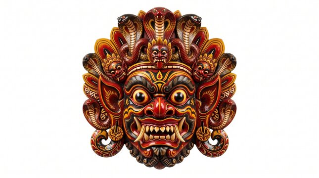 Vibrant traditional Sri Lankan carved wooden Raksha devil mask isolated on white