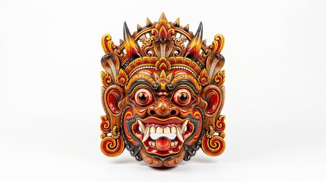 Vibrant traditional Sri Lankan carved wooden Raksha devil mask isolated on white