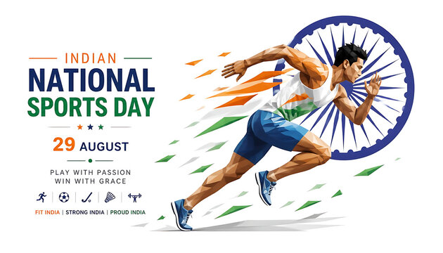 Indian National Sports Day athlete sprinting with geometric low-poly design celebrating 29 August event