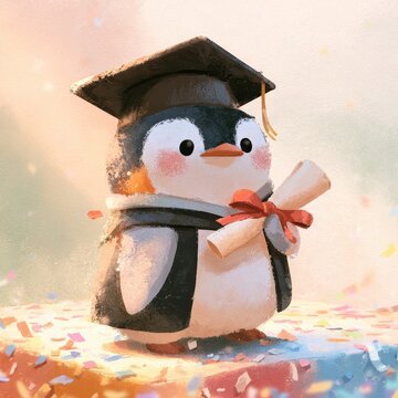 Cute penguin student celebrating graduation with a rolled diploma and festive backdrop