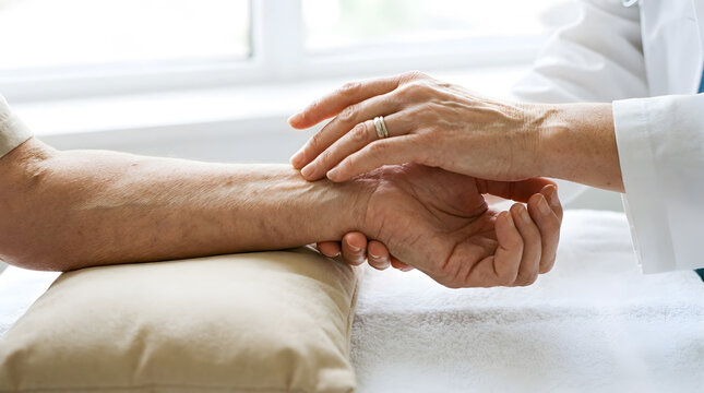 Healthcare Professional Checking Patient Pulse Rate at Wrist during Examination | Close-Up Doctor Hands Taking Radial Pulse of Senior Patient | Medical Provider Measuring Patient Pulse and Heart Rate 