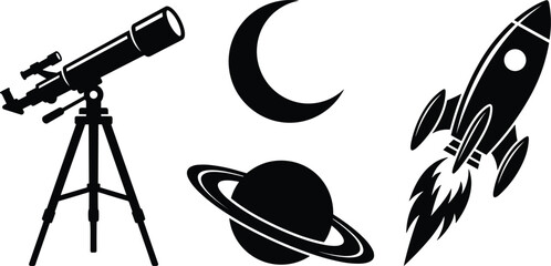 Astronomy and space exploration black silhouettes vector set with telescope on tripod, crescent moon, saturn planet, and flying rocket isolated on white background © Rakib