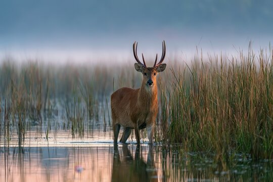 Dawn light on a marsh deer standing in shallow water in Esteros del Iber&Atilde;&iexcl;, Argentina