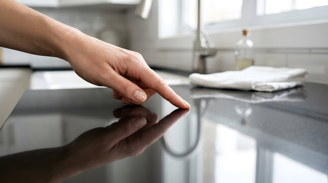 Hand Touching Spotless Clean Black Kitchen Countertop Surface Reflection | Person Testing Dust-Free Cleanliness of Shiny Black Quartz Kitchen Counter | Close-Up Hand Touching Smooth Polished Black 