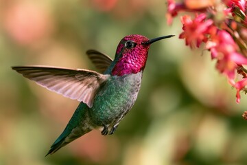 Naklejka premium Dazzling Iridescent Male Anna's Hummingbird in Flight