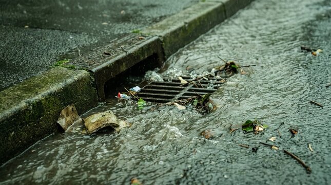 Rainwater flowing into a storm drain on a wet city street.