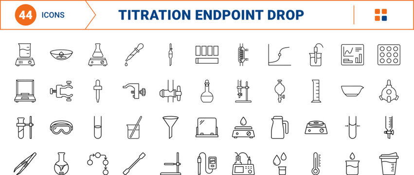 Titration endpoint drop line icon set. Vector pictograms of droplet, burette, flask, and erlenmeyer elements, thin linear illustration.