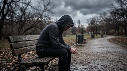 Fototapeta premium Man sitting alone on park bench feeling sad and depressed on a cloudy day.