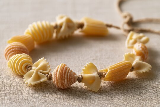 Delicate pasta bead necklace captured in warm, natural lighting