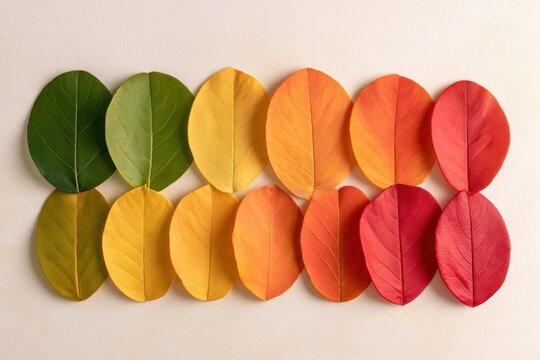 Top view still life of autumn leaves arranged in color gradient