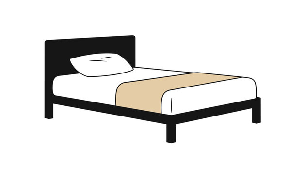 Modern bed frame with a dark wooden headboard, single white pillow, crisp white sheets, and a simple beige bed runner on a white background.