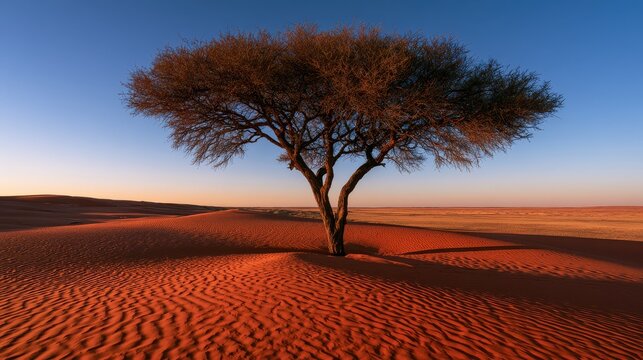 Desert savanna scene with solitary acacia tree on sunlit red dunes