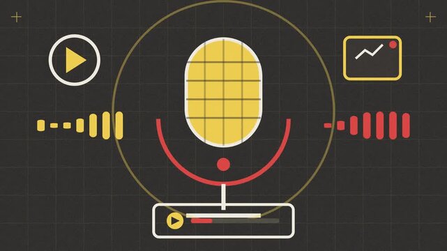 Abstract animated podcast studio with live audio levels drawn as yellow and gold lines and shapes on a deep dark background. Seamless looping 4K motion graphics video with free space for text, ideal f