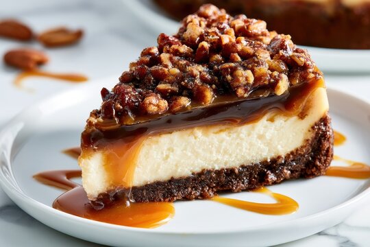 Dessert photograph of a single cheesecake wedge featuring caramel, pecans, and chocolate crust
