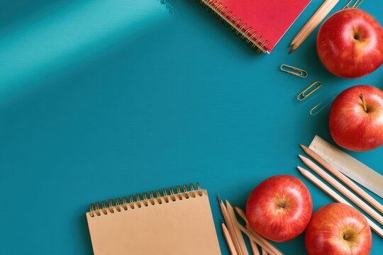 Top view still life of school supplies and red apples loosely arranged on teal background for back to school concept